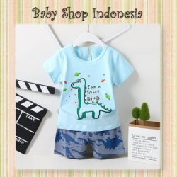 LU600 Setelan Baju Anak Dino Biru Setelan Kaos Anak Dino Blue Baju Rumah Anak Dino  large